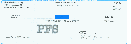 A paid to surf check value of $30.92 from paid for surf
